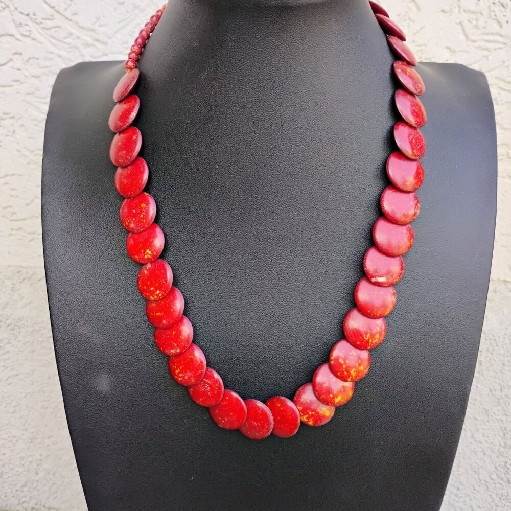Vintage Artisan Glazed Graduated Red Disc Bead Necklace 19" Long Unique Boho